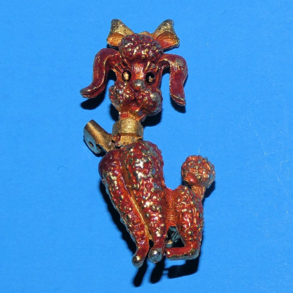 Vintage MAMSELLE Poodle Brooch Pin Dog Puppy Bow Enamel Figural Animal Signed